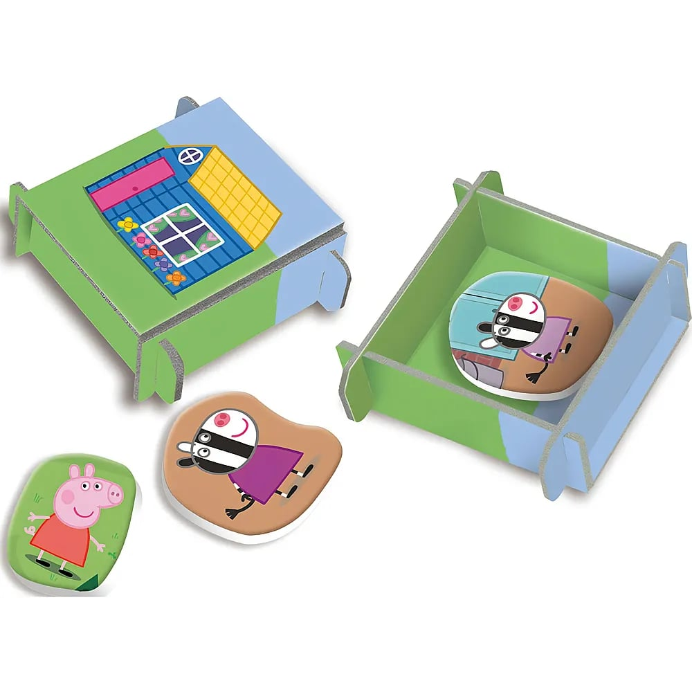 Peppa Pig Pappschachteln und Spielfiguren mit Hausmotiv auf weißem Hintergrund.