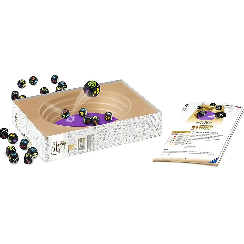 Harry-Potter-Spiel mit Würfeln in einer runden Arenabox, verstreuten Würfeln und einer Anleitung.