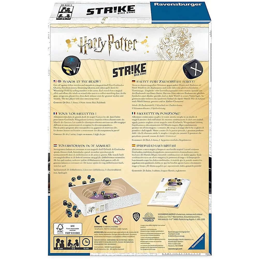 Harry Potter Strike Brettspielverpackung mit Text und Würfeln.