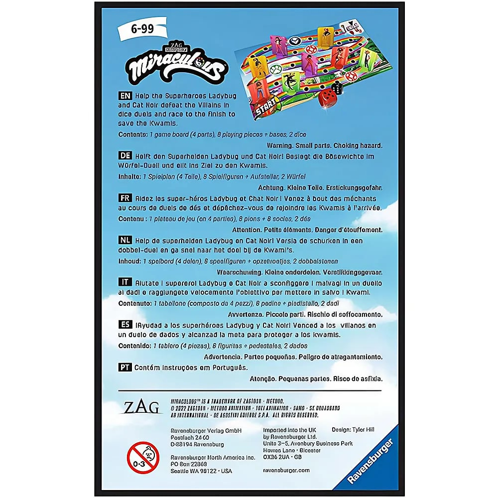 Rückseite einer Miraculous-Brettspielverpackung mit Spielbeschreibung in mehreren Sprachen und Herstellerlogos.