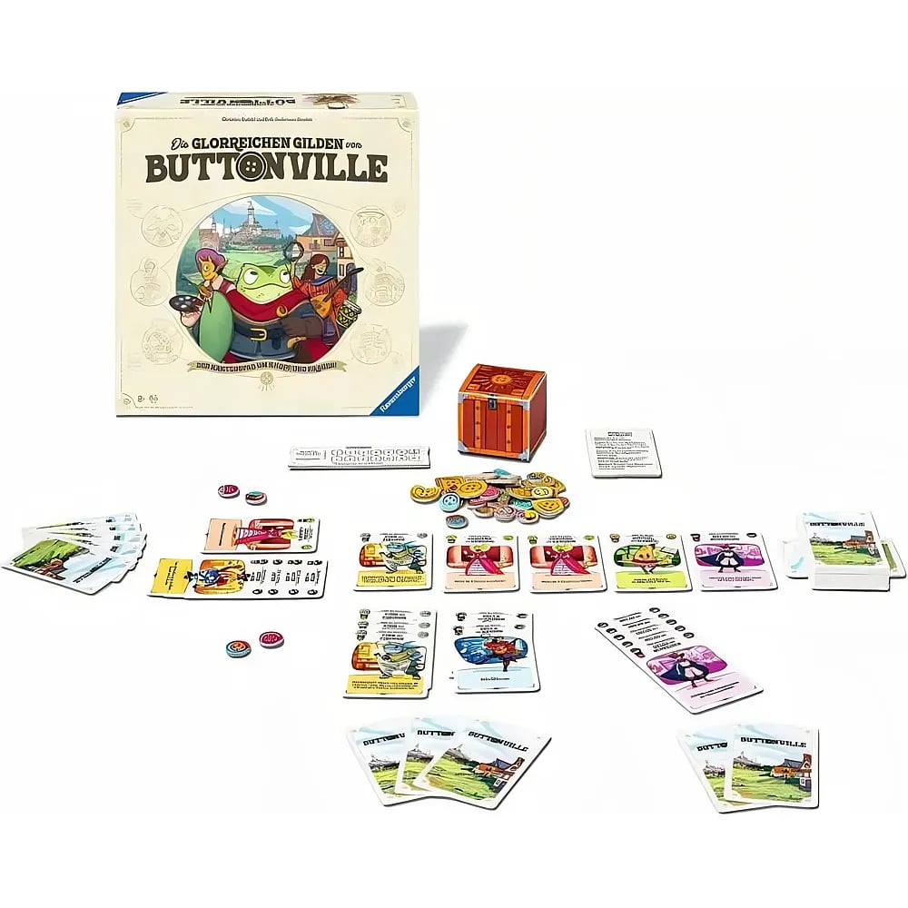 Spieleset "Buttonville" mit Schachtel, Karten, bunten Plättchen und einer kleinen Schatzkiste auf weißem Grund.