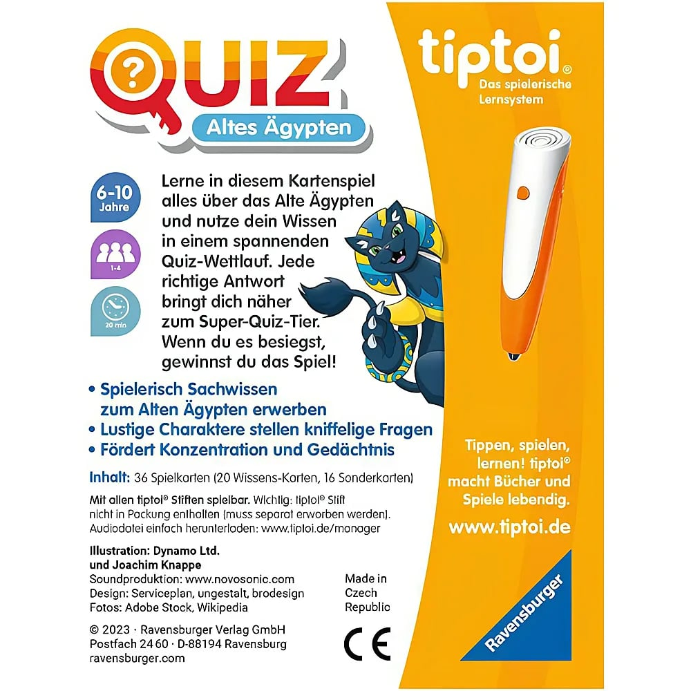 Tiptoi-Spielverpackung Quiz Altes Ägypten mit blauer Katze, Text und orangem Stift auf gelbem Hintergrund.