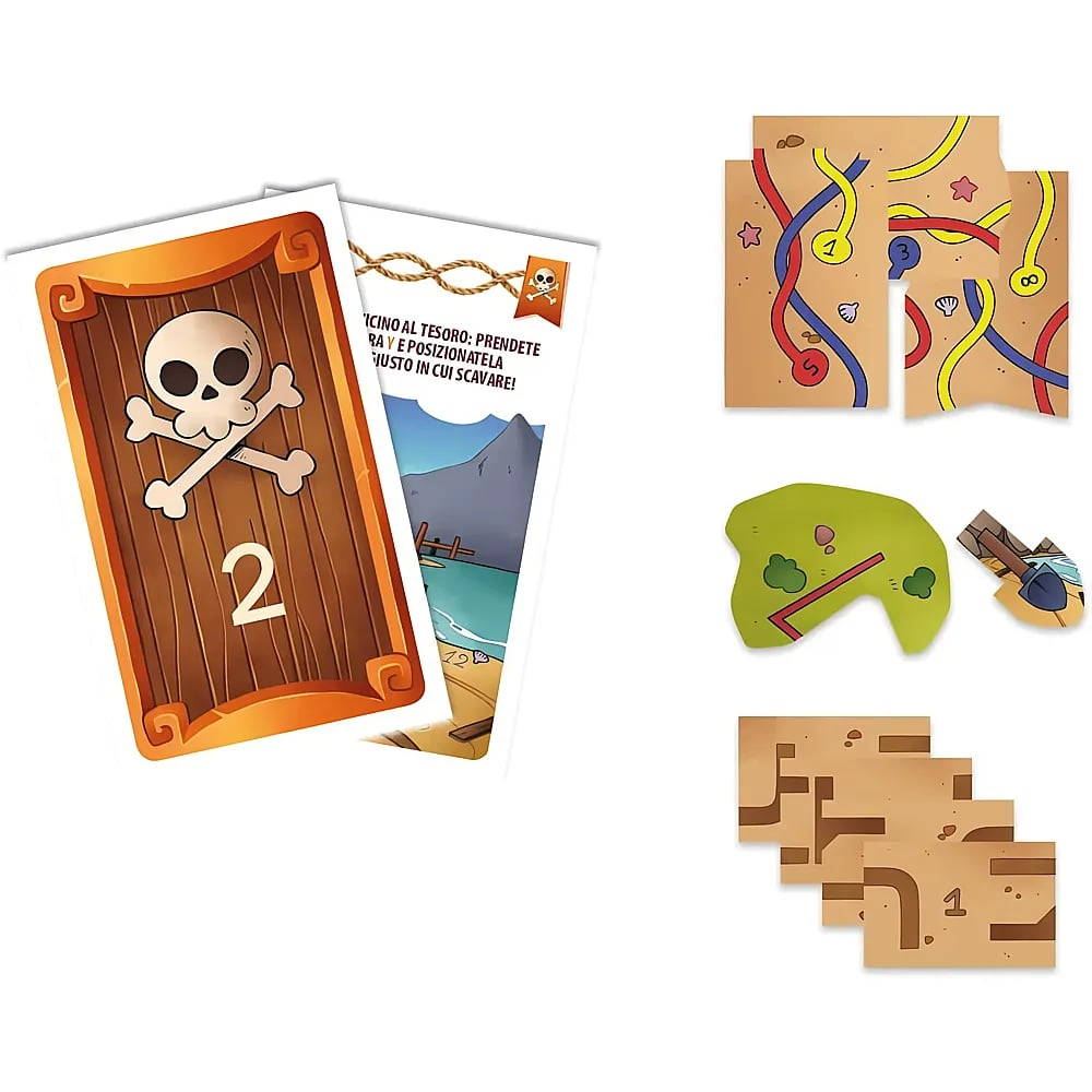 Piraten-Brettspielkomponenten, darunter zwei Karten, Wegkarten und ein Shovel-Marker.
