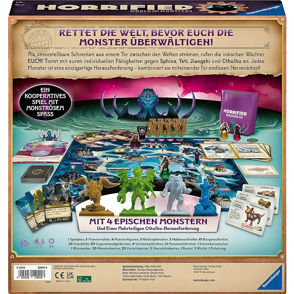Rückseite der Brettspielverpackung von Horrified World of Monsters mit Spielfeld, Figuren und Karten.