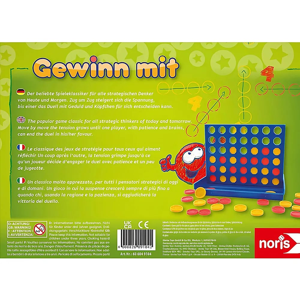Eine Brettspielschachtel zeigt ein blaues Gitter mit gelben und roten Spielsteinen, umgeben von mehrsprachigem Text.