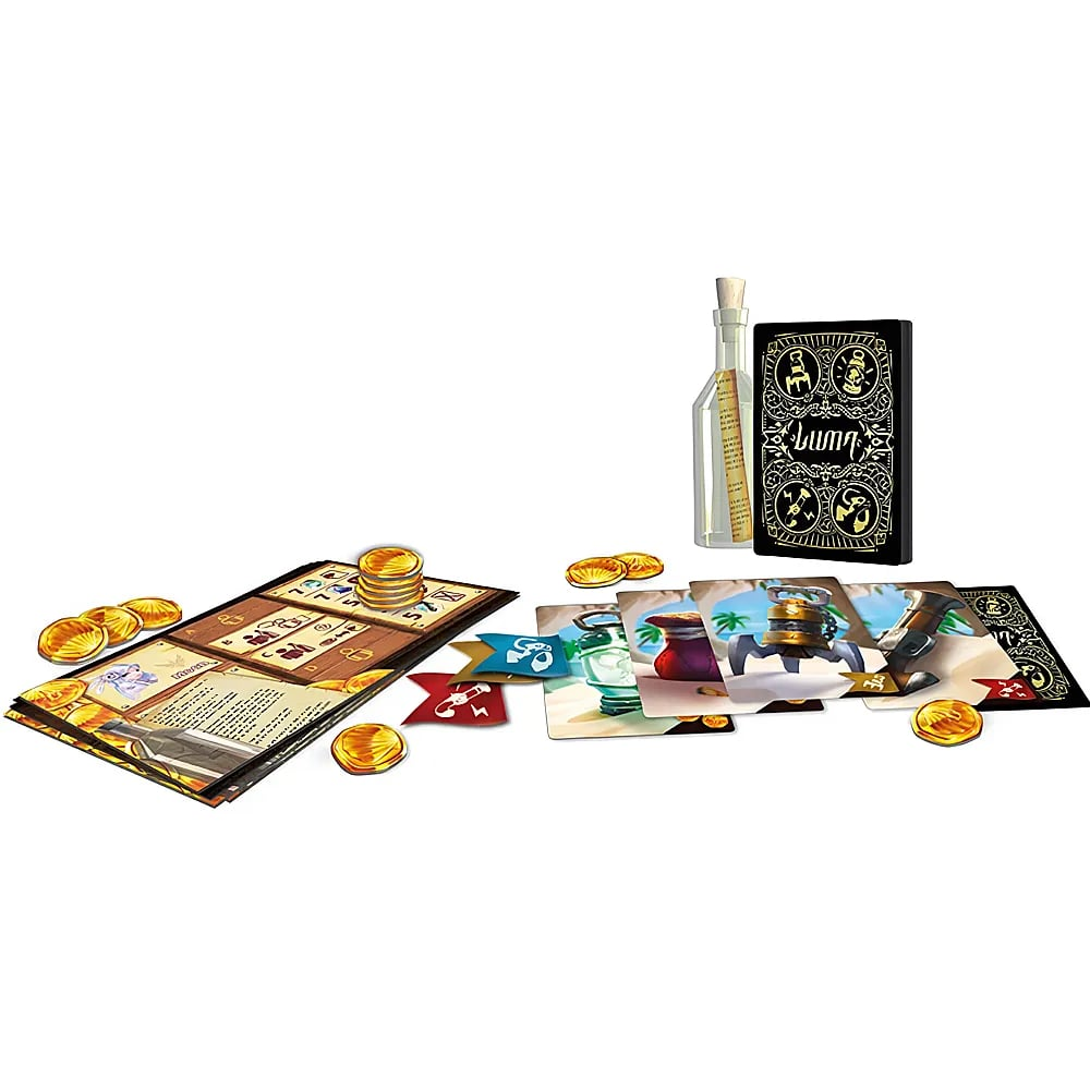 Brettspiel-Komponenten mit Karten, Münzen, Flaggen und einer Flasche auf weißem Grund.