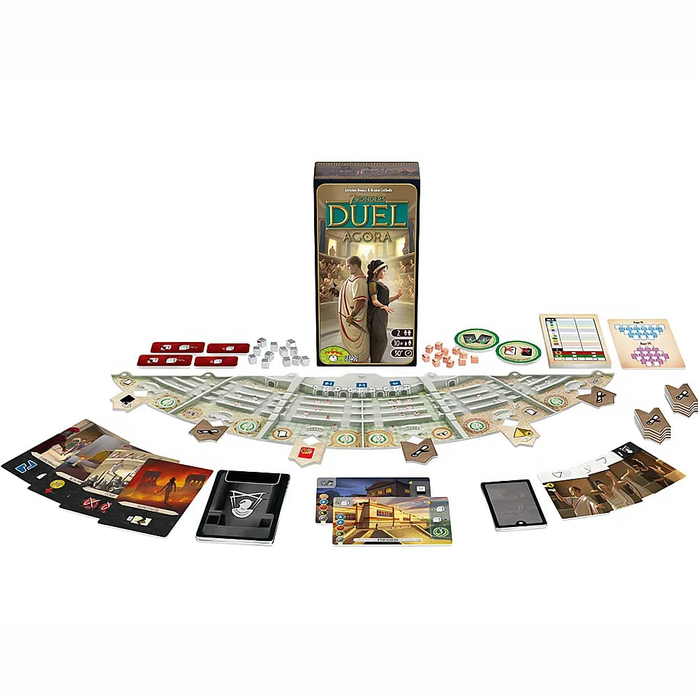 7 Wonders Duel Agora Brettspielkomponenten inklusive Box, Spielbrett, Karten, Würfel und Token auf weißem Hintergrund.