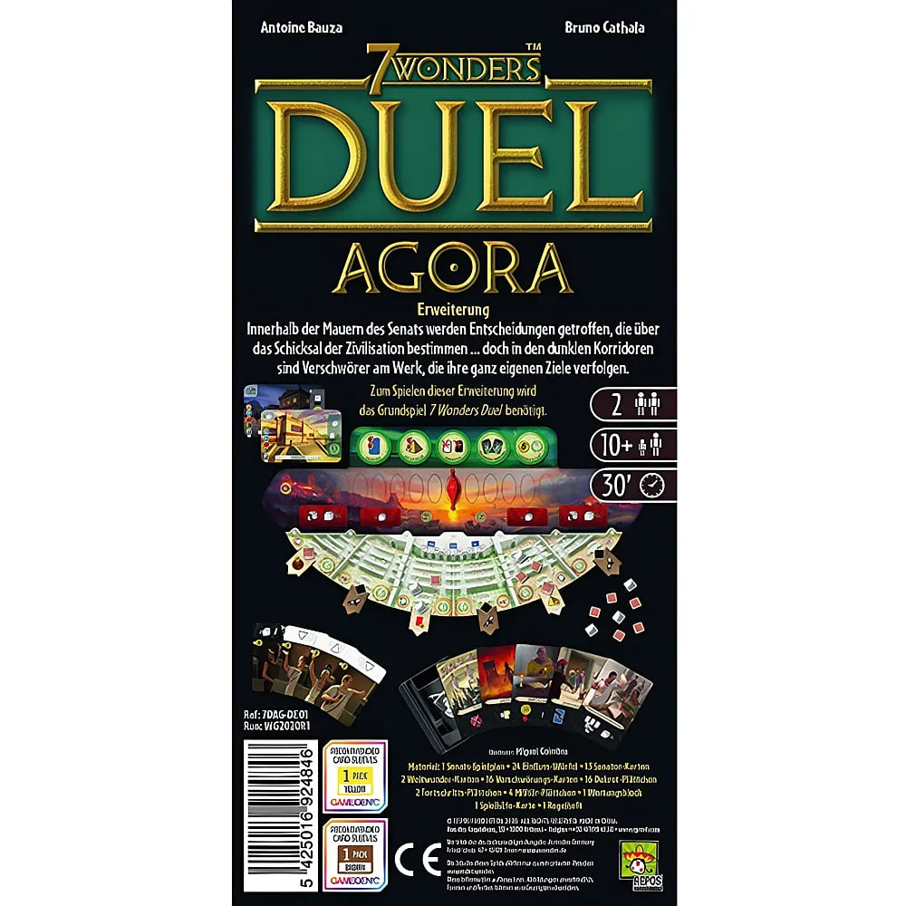 Rückseite der Brettspielverpackung von 7 Wonders Duel Agora mit Spieldetails und Spielkomponenten.