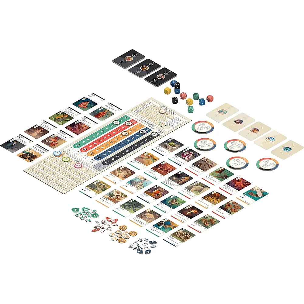 Eine Aufsicht auf ein ausgebreitetes Brettspiel mit bunten Karten, Würfeln, Token und Leisten.