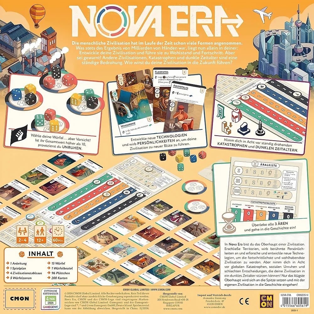 Rückseite der Spieleverpackung Nova Era zeigt Spielmaterialien, Karten, Würfel und Spielregeln auf gelbem Hintergrund.
