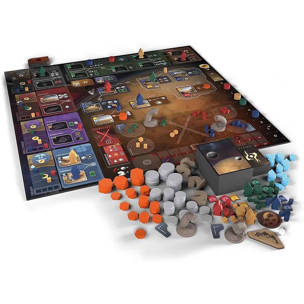 Ein Dune-Brettspielset mit dunkler Karte, Karten und bunten Ressourcen-Tokens auf weißem Grund.