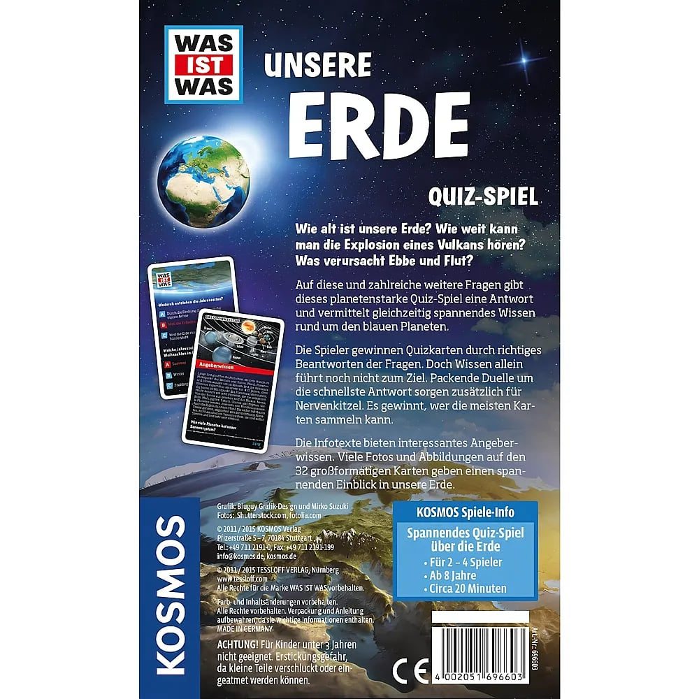 Rückseite des WAS IST WAS Erde Quiz-Spiels mit Erdbild, Texten und Spieldetails.