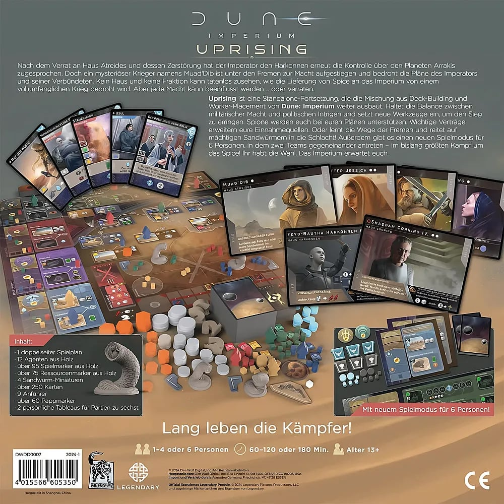 Spielschachtelrückseite von Dune: Imperium Uprising mit Karten, Holzmarkern, Spielplan und Text auf Deutsch.