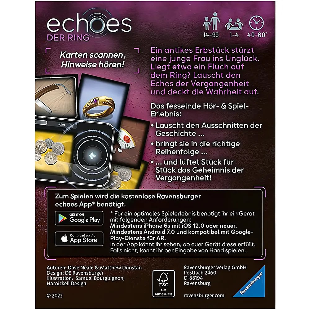 Rückseite des Kartenspiels 'Echoes: Der Ring' mit Spielregeln und App-Hinweisen.