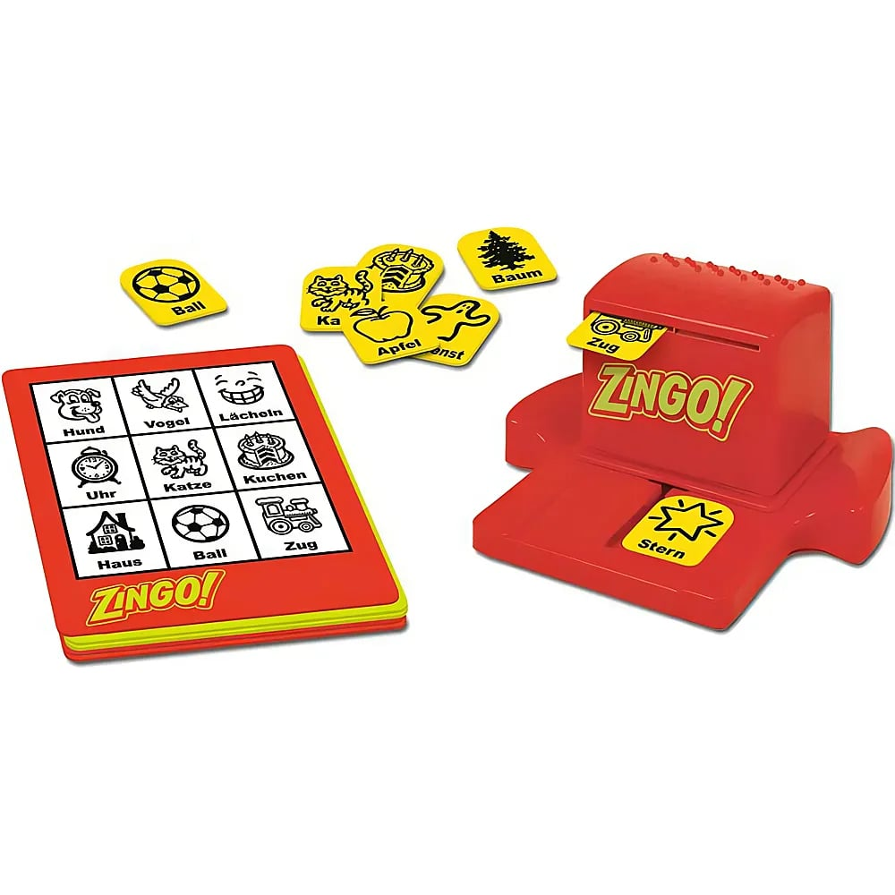 Ein Zingo-Brettspielset mit rotem Spender, gelben Plättchen und einer Spielkarte auf weißem Hintergrund.