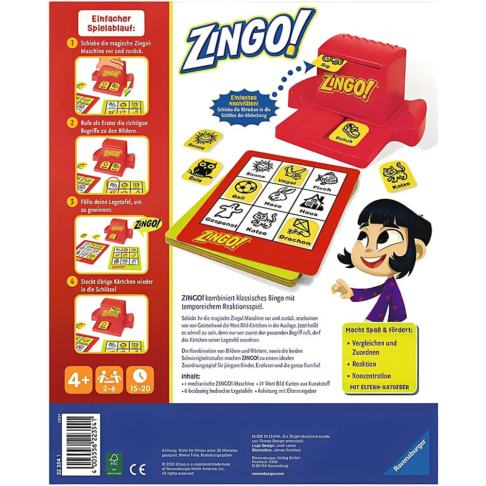 Rückseite der Zingo-Spielverpackung mit roter Maschine, gelben Karten und einer spielenden Cartoon-Figur.