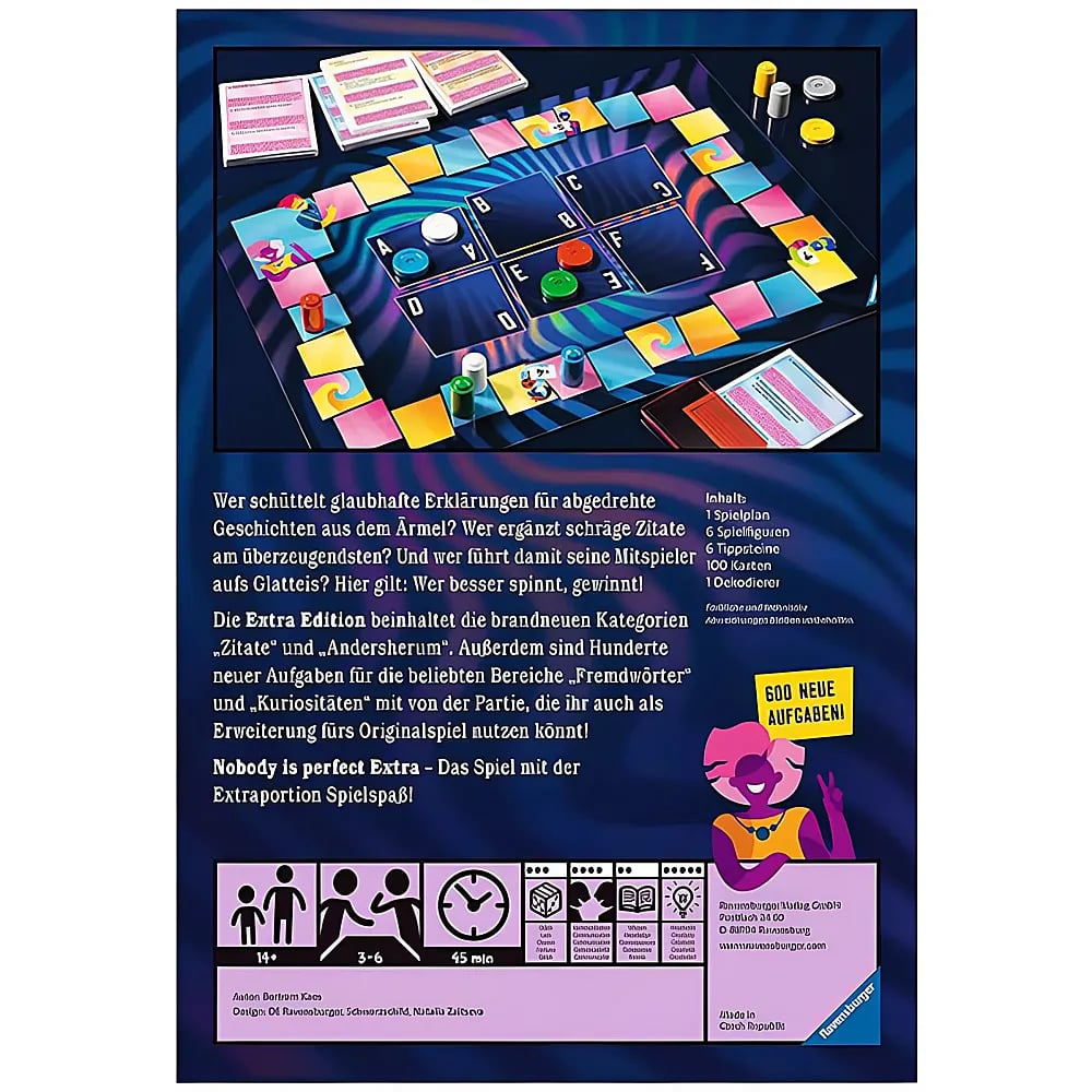 Rückseite der Nobody is Perfect Extra Brettspielverpackung mit Spielplan, Karten und Beschreibung auf blauem Hintergrund.