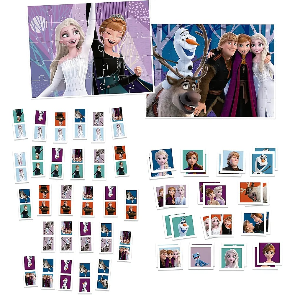 Vari puzzle e carte di Frozen con Elsa, Anna, Olaf e Kristoff su sfondo bianco.
