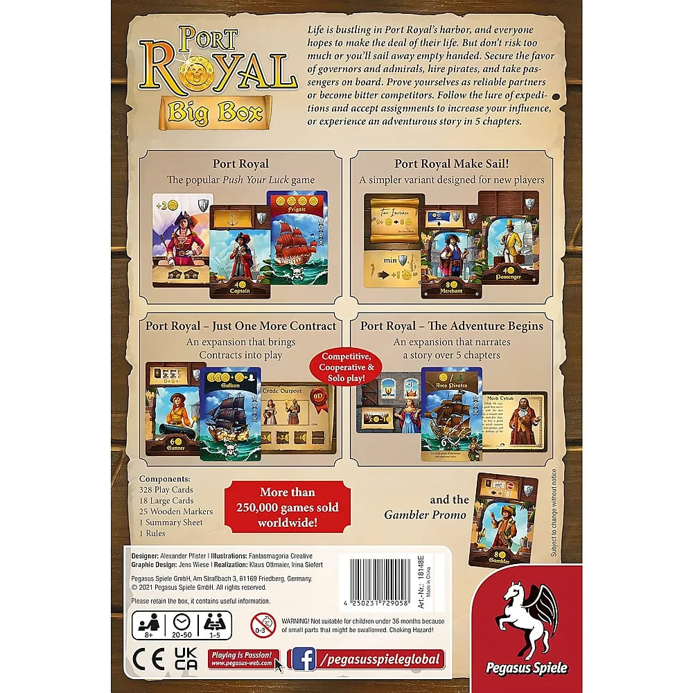 Port Royal Big Box Brettspiel Rückseite zeigt Spielkomponenten, Regeln und Erweiterungen.