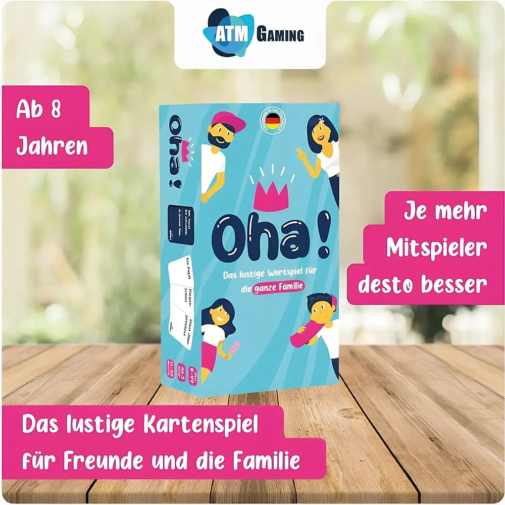 Boîte de jeu 'Oha!' sur une table en bois avec des personnages colorés et des cadres de texte.