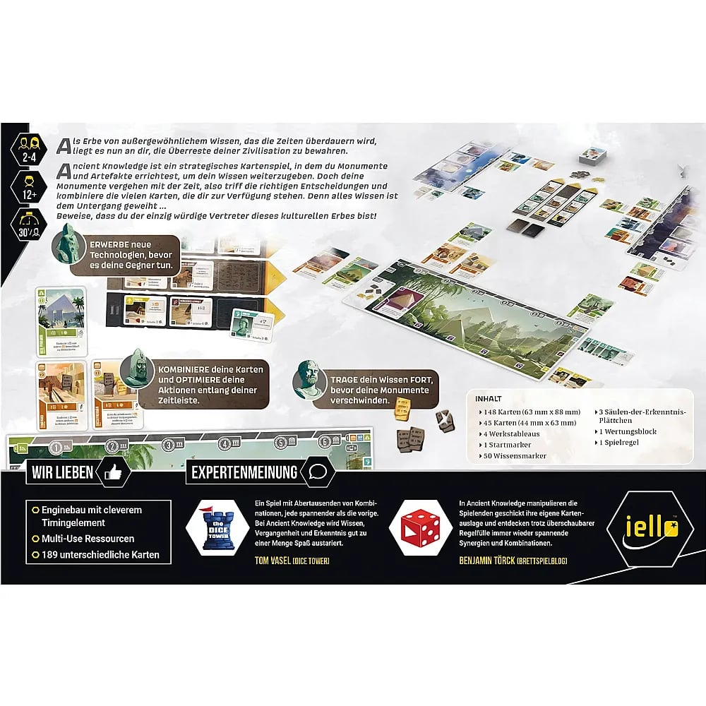 Übersicht des Brettspiels Ancient Knowledge mit Spielkomponenten, Regeln und deutscher Anleitung.