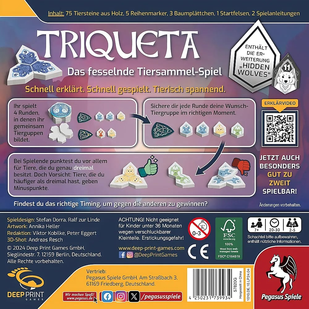 Rückseite der Spieleverpackung von Triqueta mit Spielregeln, Bildern von Holztieren und QR-Code.