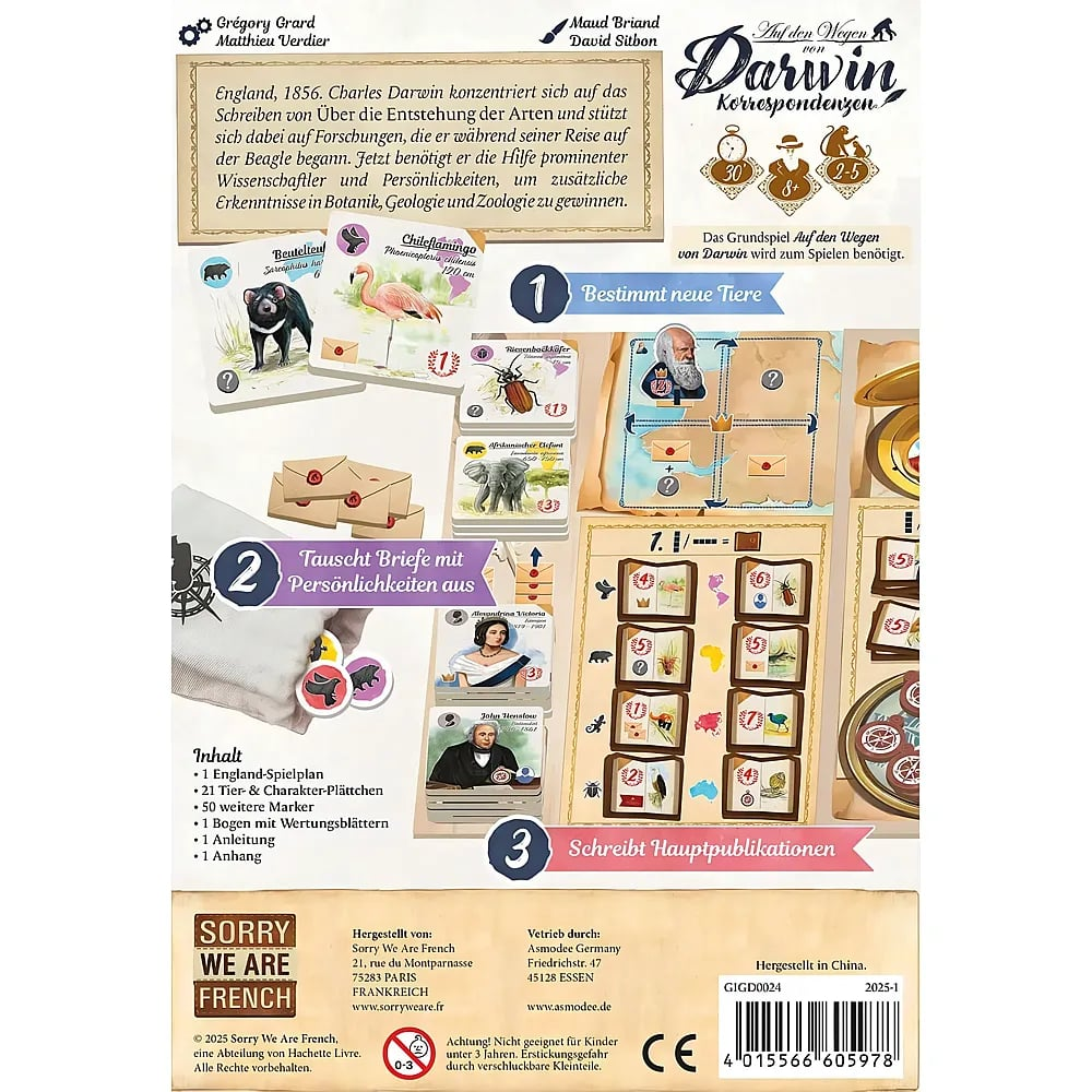 Spielverpackung der Erweiterung Auf den Wegen von Darwin, Korrespondenzen, mit Karten, Briefen und Spielanleitung.