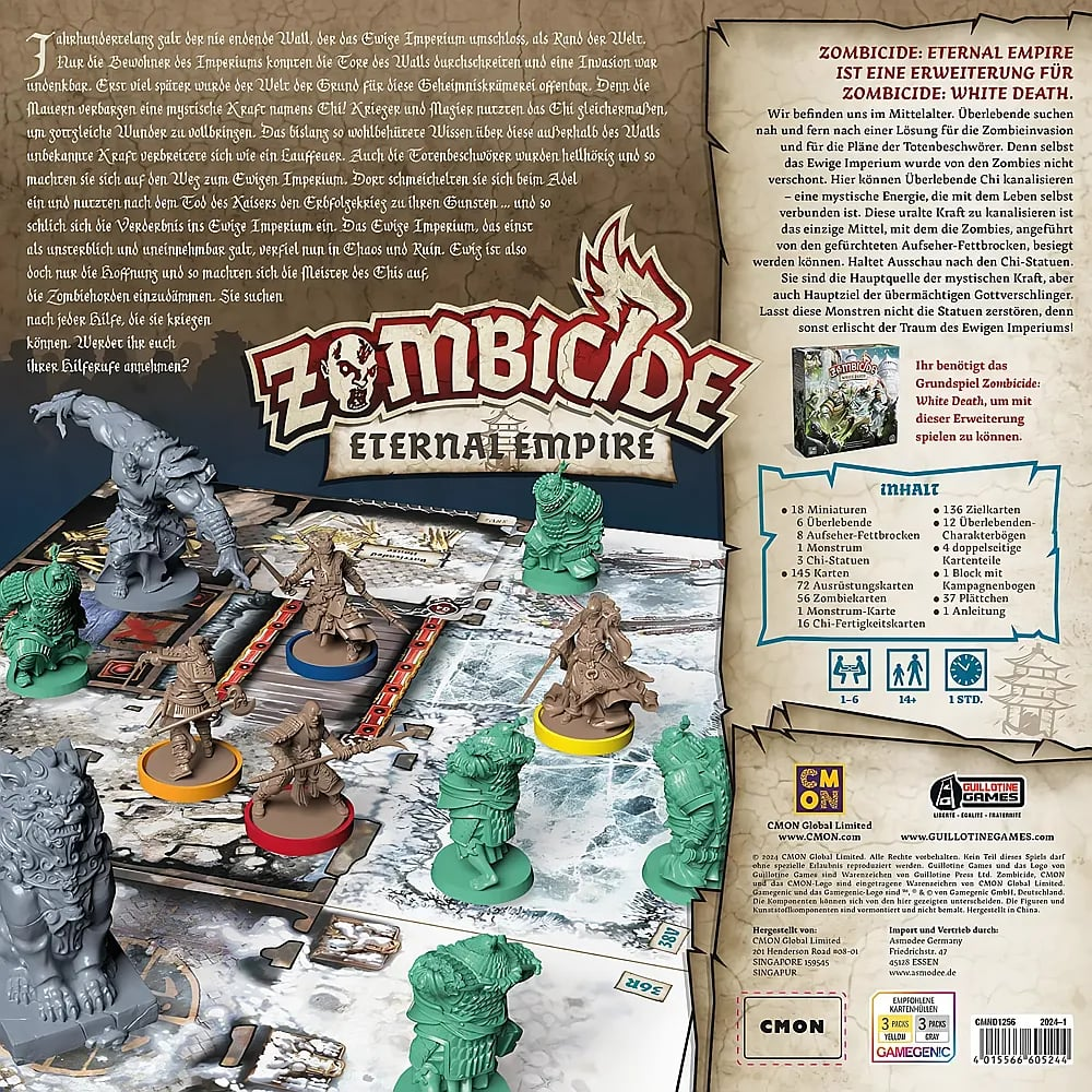 Spielverpackung von Zombicide: Eternal Empire mit Miniaturen und Regeltext auf Deutsch.