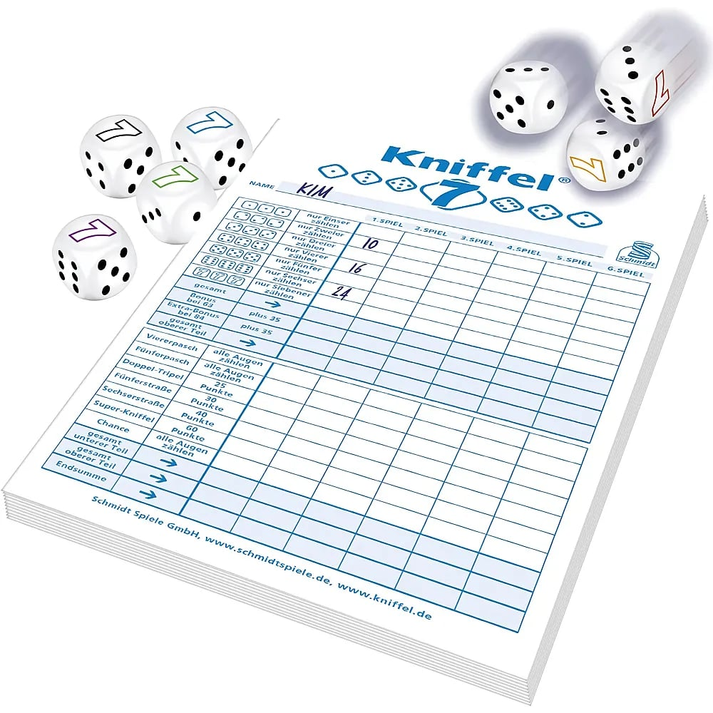 Kniffel 7 Spielblock mit Würfeln, die Zahlen und Symbole zeigen.
