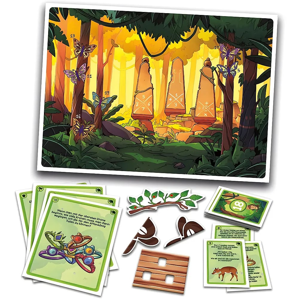Ein Brettspielset mit einer illustrierten Waldszene, Spielkarten, Holzplättchen und Rätseln.