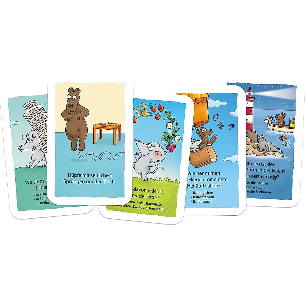 Cinque carte da gioco illustrate con animali e compiti su sfondo bianco.