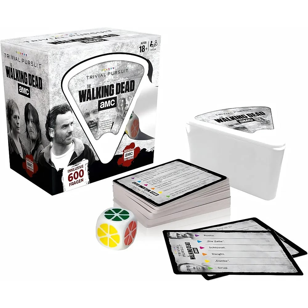 The Walking Dead Trivial Pursuit-Spiel mit Schachtel, dreieckiger Box, Karten und farbigem Würfel auf weißem Grund.