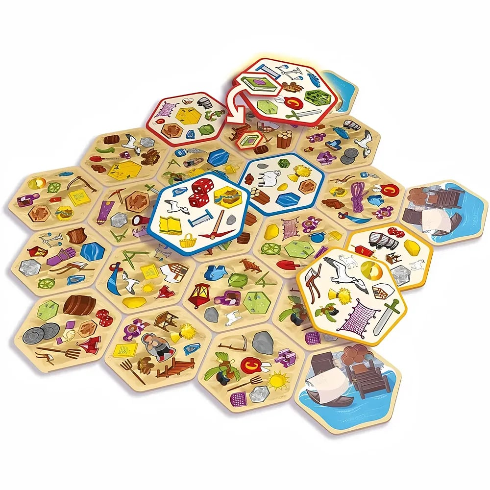 Eine Draufsicht auf ein Brettspiel mit sechseckigen Feldern, die verschiedene Gegenstände und Symbole zeigen.