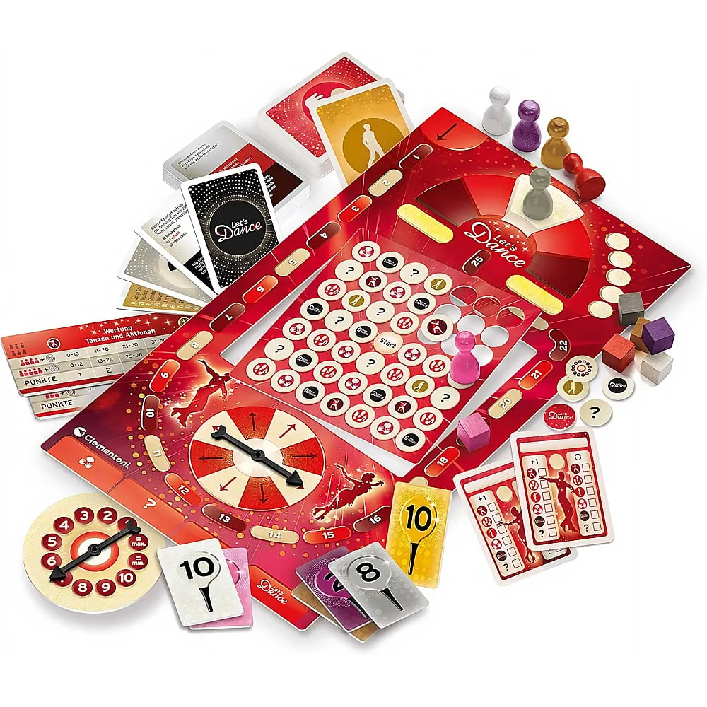 Ein tanzbezogenes Brettspiel mit roten Spielbrettern, Karten, kleinen Figuren, Würfeln und runden Drehscheiben.