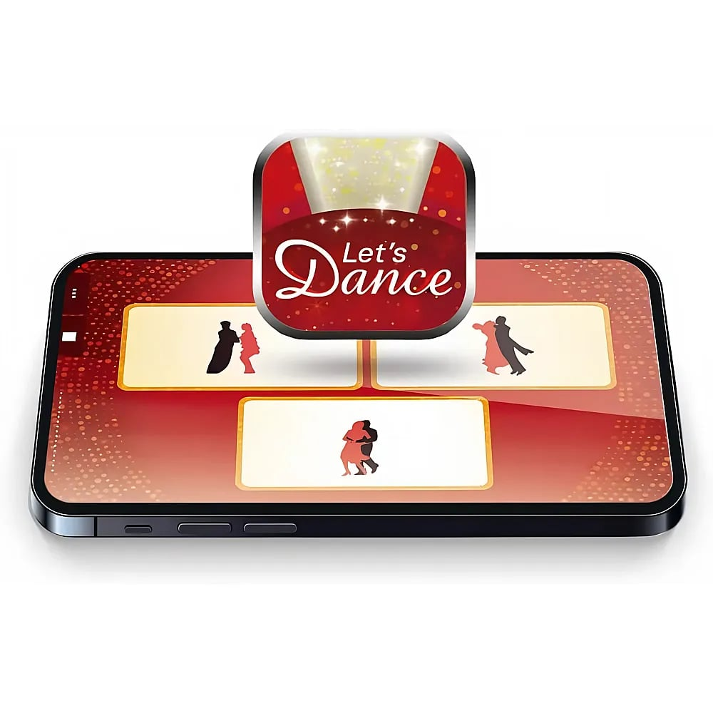 Smartphone mit rotem Let's Dance App-Hintergrund und drei tanzenden Figuren in Feldern.