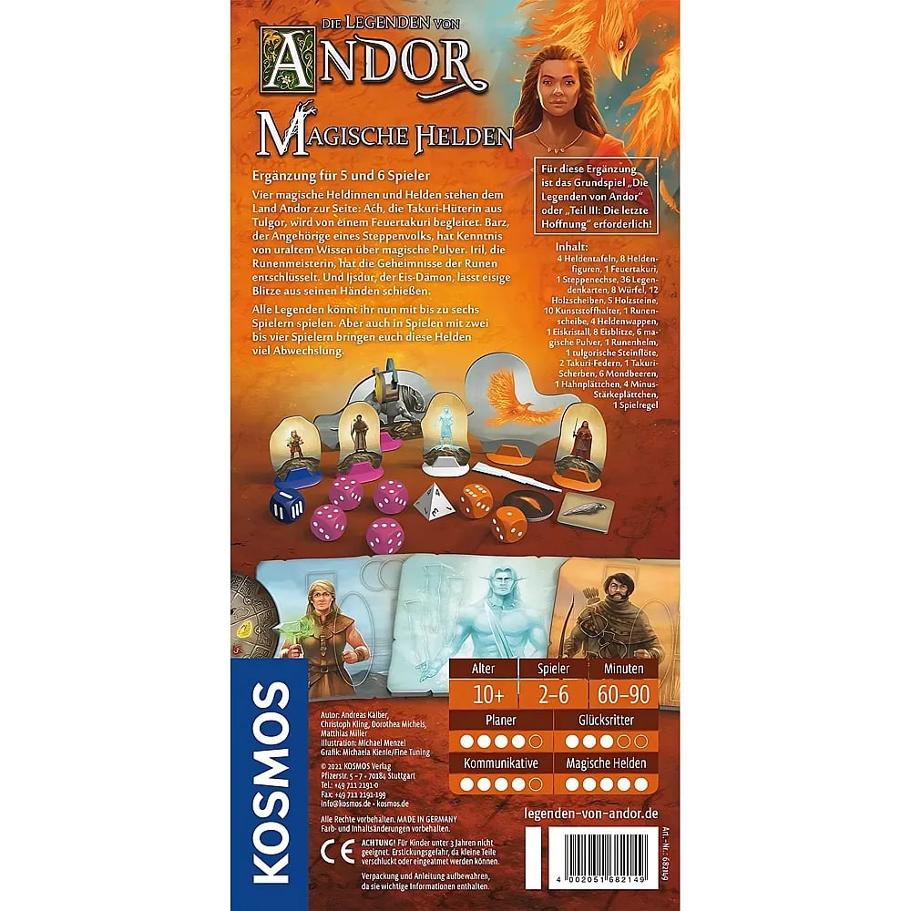 Rückseite des Brettspiels „Andor: Magische Helden“ mit Spielkomponenten, Charakterkunst und Regaldetails.