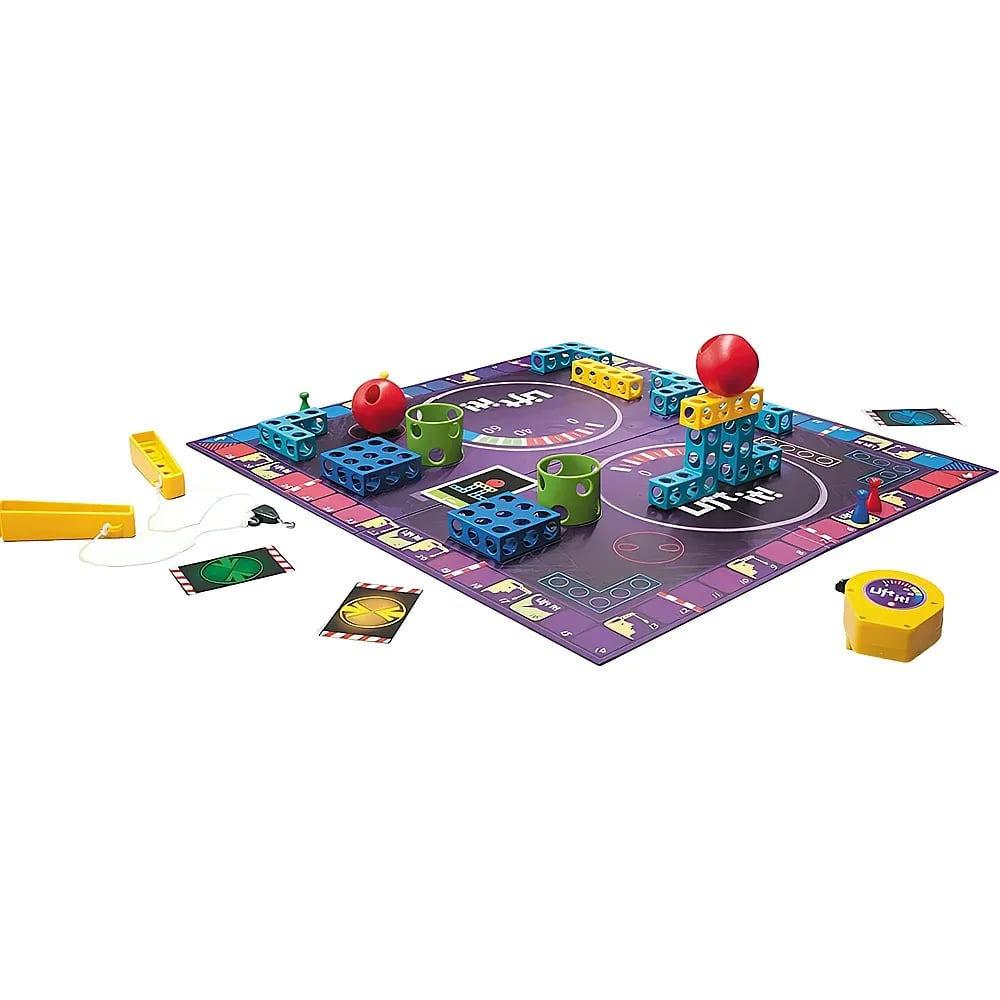 Buntes Brettspiel mit Bausteinen, Karten und Messgeräten auf weißem Grund.
