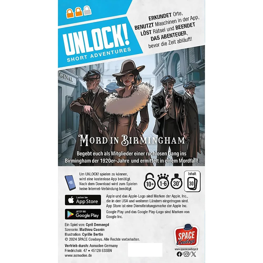 Spielverpackung von Unlock Short Adventures Mord in Birmingham mit vier Detektiven vor einer Stadtkulisse.