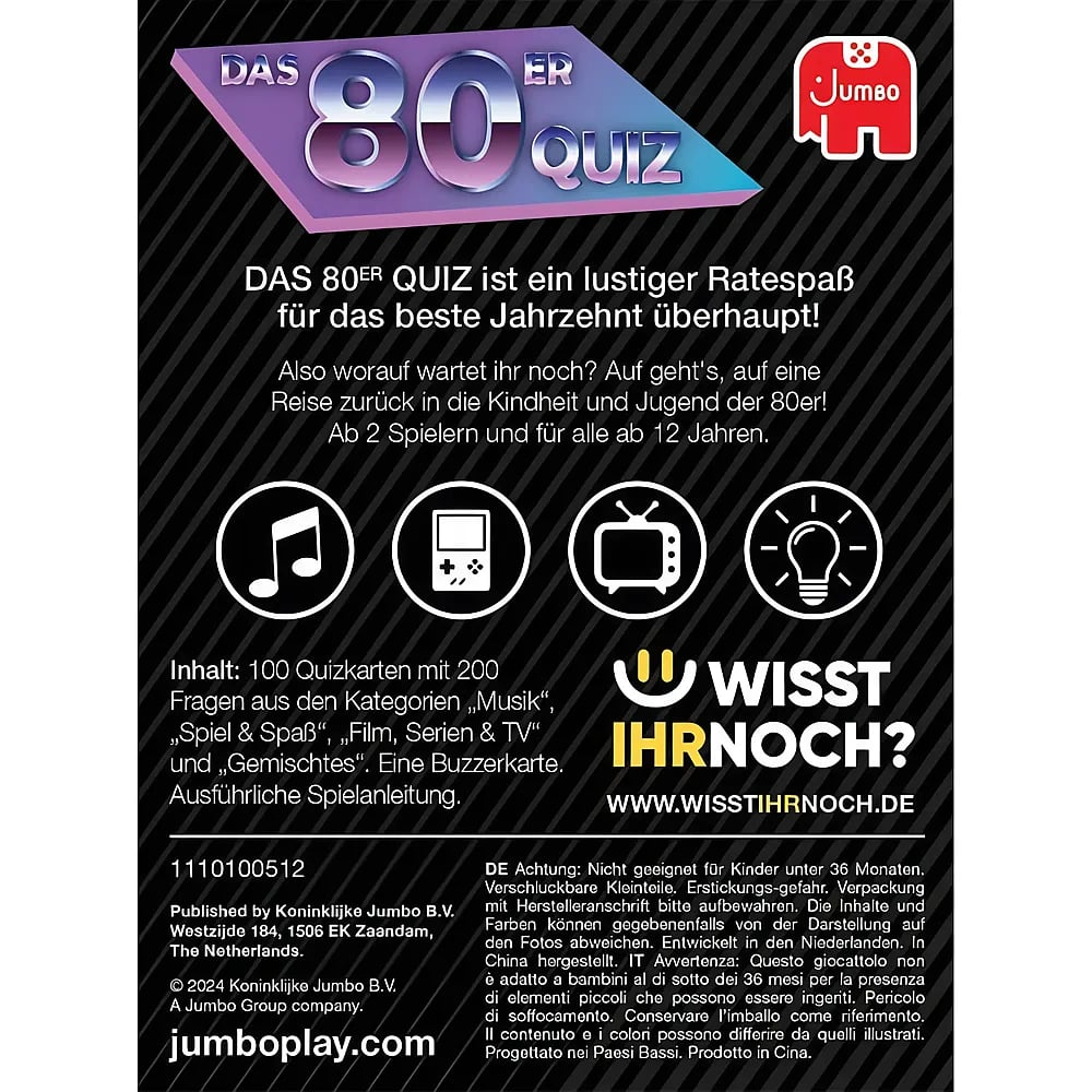 Rückseite einer Brettspielverpackung für 'Das 80er Quiz' von Jumbo mit Texten, Icons und Herstellerinfos.
