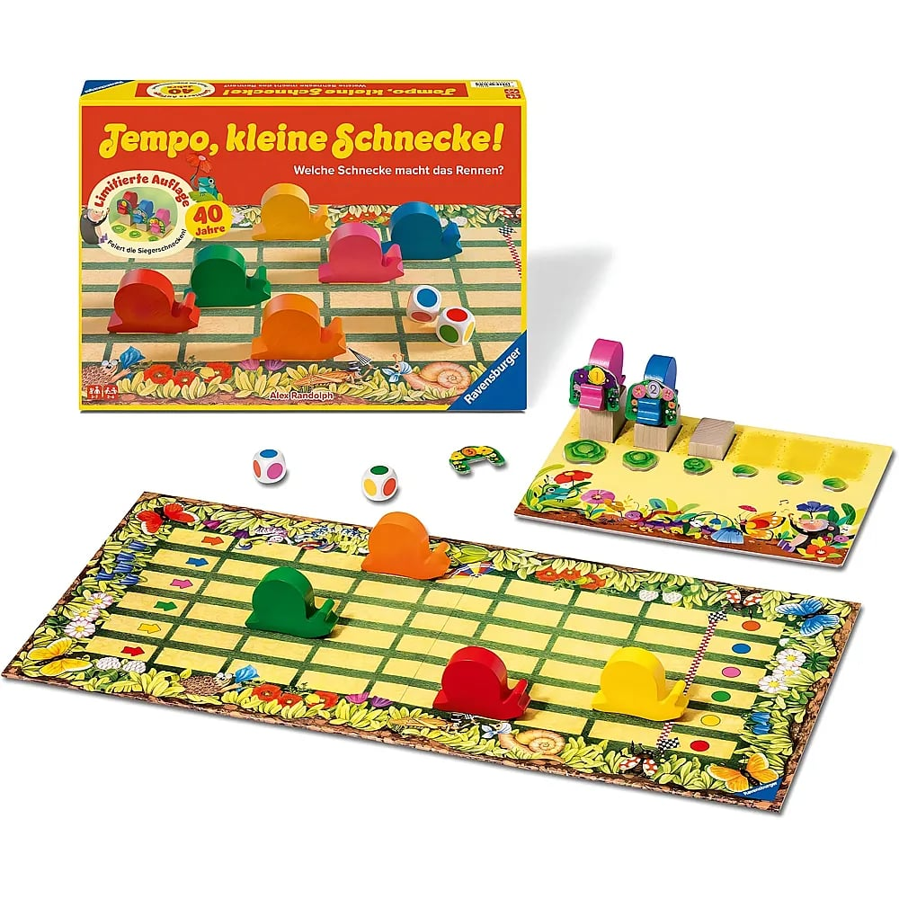 Le jeu de société P'tite Scargot avec des escargots en bois colorés, un plateau, des dés et une boîte.