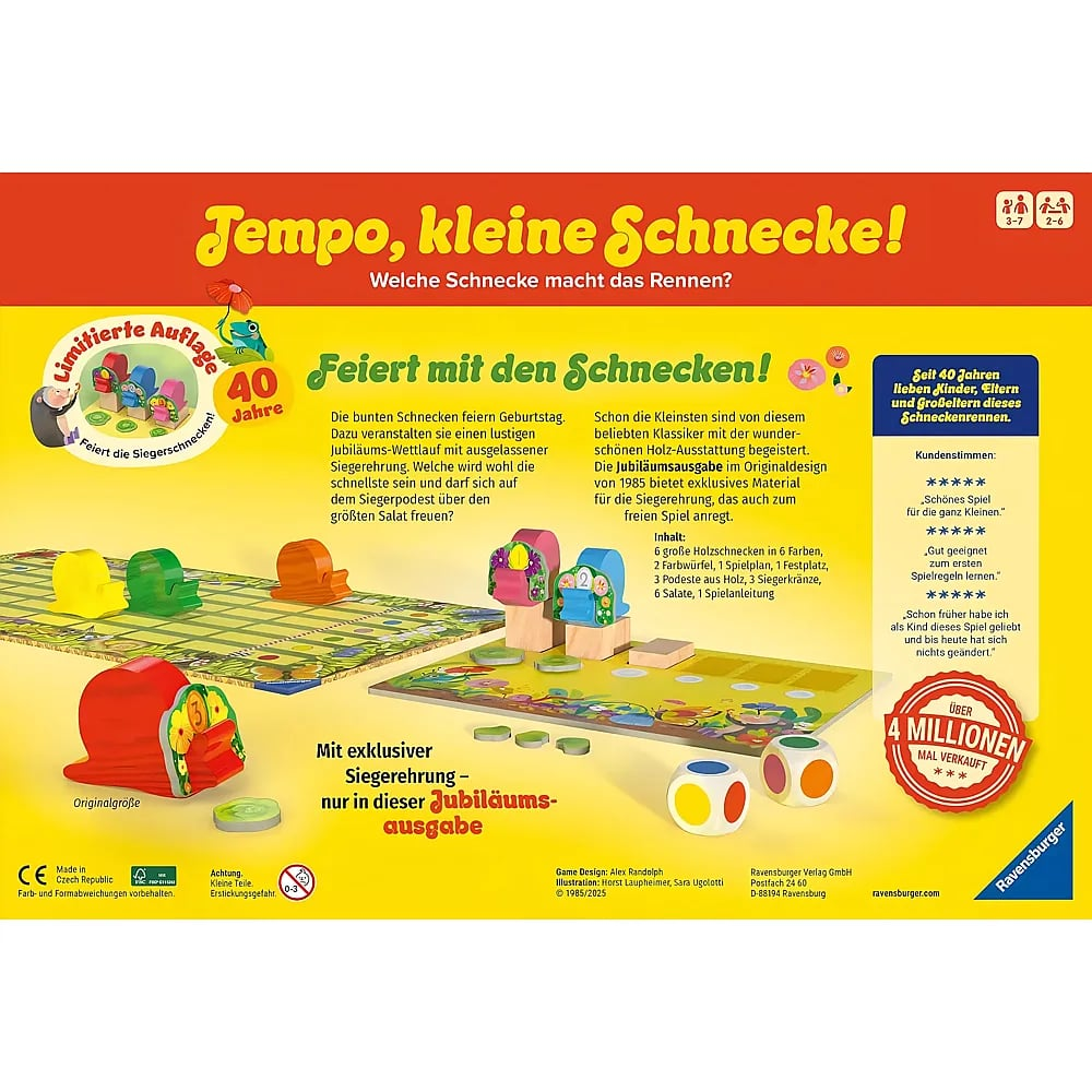 Boîte de jeu de société Tempo, kleine Schnecke! Édition anniversaire avec des escargots en bois.