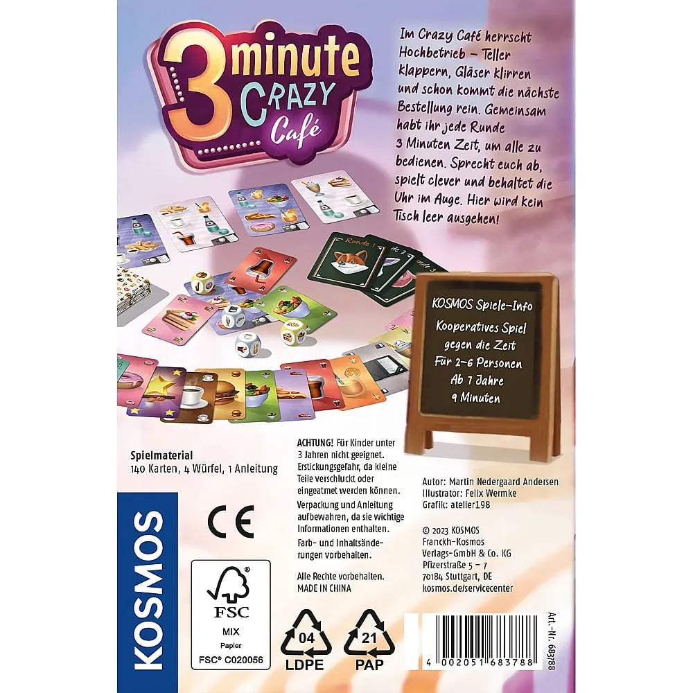Rückseite der Spielverpackung von 3 minute Crazy Café mit Karten, Würfeln, deutscher Beschreibung und Herstellersinfos.