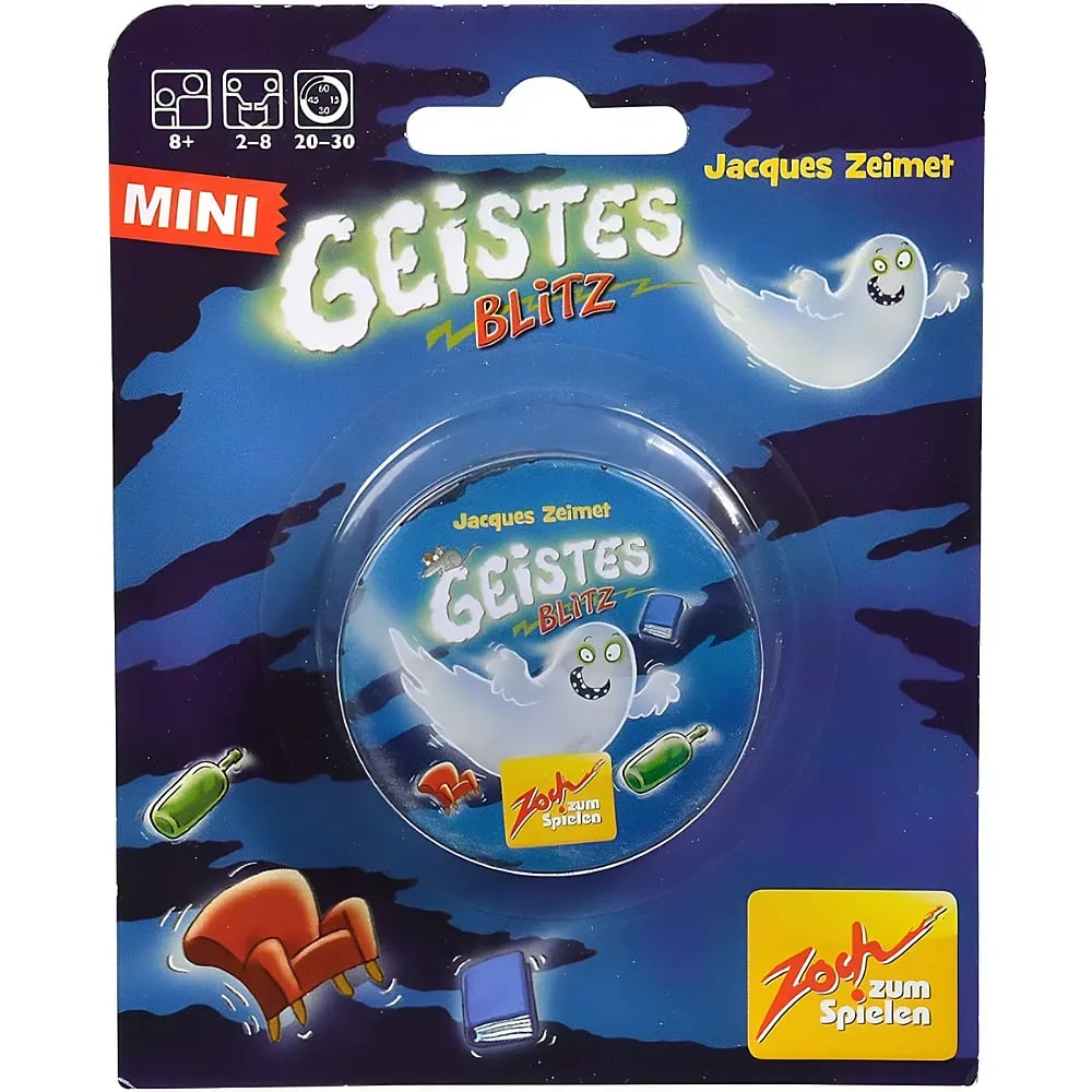 Verpackung des Kartenspiels Geistesblitz mit einem freundlichen weißen Geist, einem roten Sessel und einem blauen Buch.