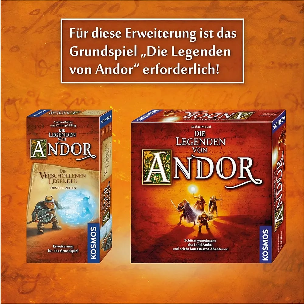 Zwei Andor-Brettspiele vor einem orangefarbenen Hintergrund mit einem Hinweis, dass das Grundspiel benötigt wird.