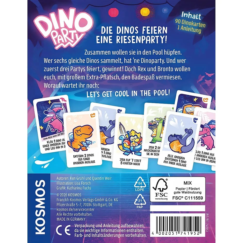 Rückseite des Kartenspiels 'Dino Party' mit Spielregeln und Vorschau der bunten Dinosaurierkarten.