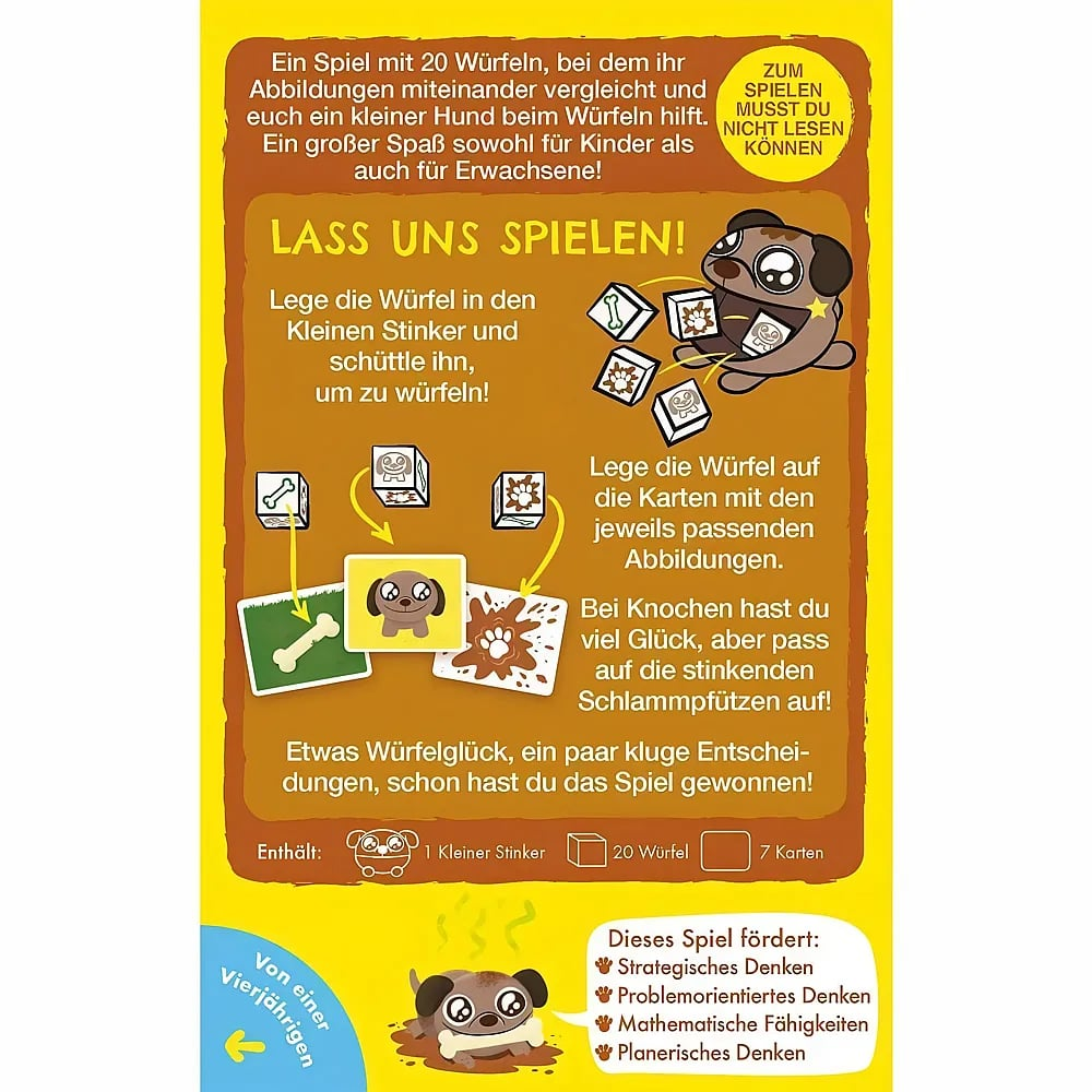 Gelbes Plakat mit deutscher Spielanleitung, niedlichem Hundemotiv und Würfeln.