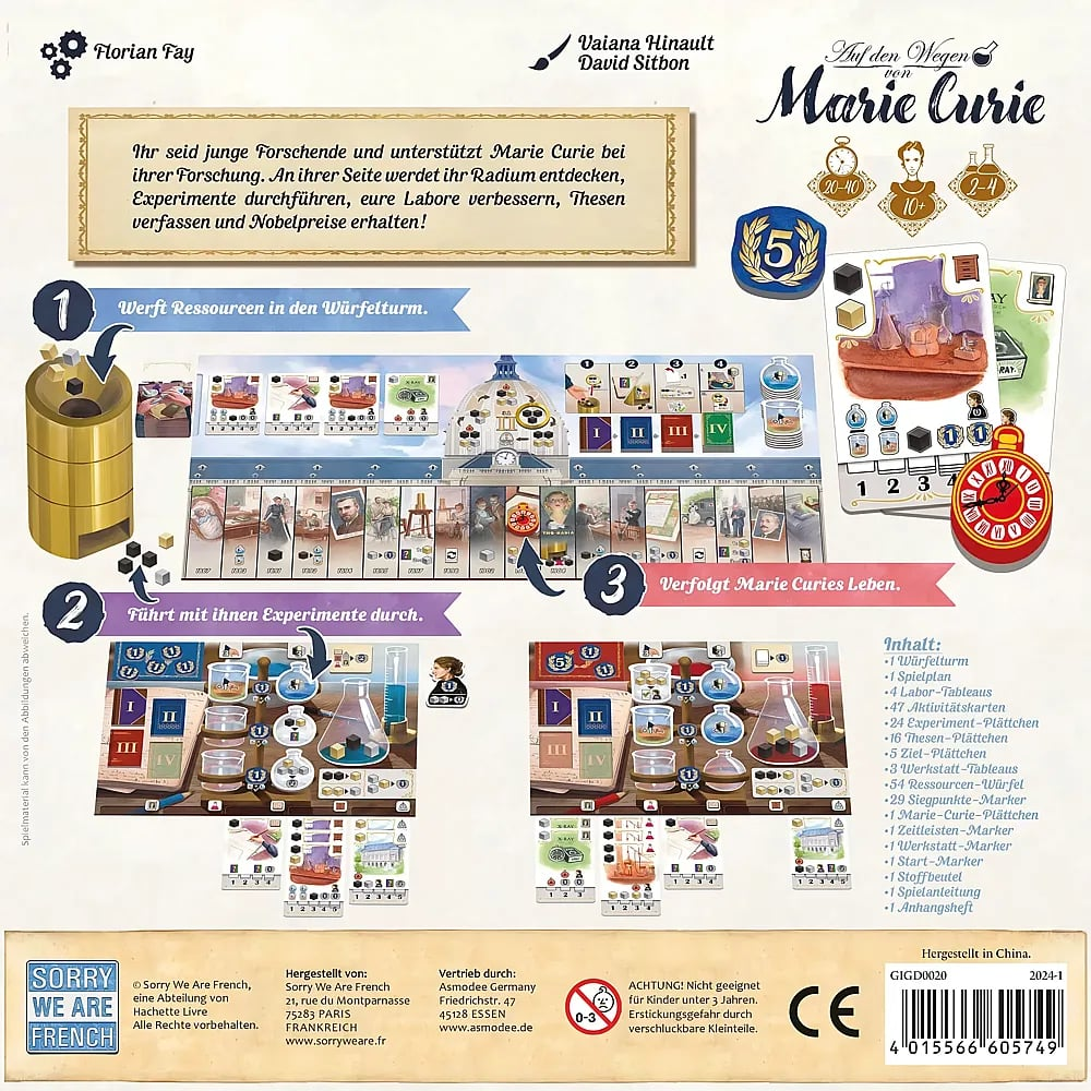 Arrière de la boîte de jeu Marie Curie montrant les règles, composants et plateau.