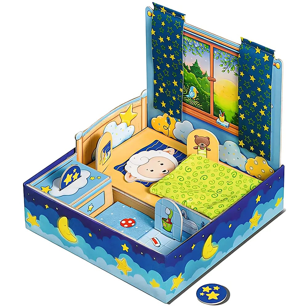 Ein buntes Papp-Schlafzimmer-Spielset mit Schafbett, Sonnenuntergangsfenster und Sternenvorhängen.