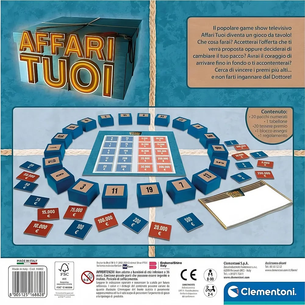 Retro della scatola del gioco in cooperazione Affari Tuoi con scatole blu, carte premio e regole.