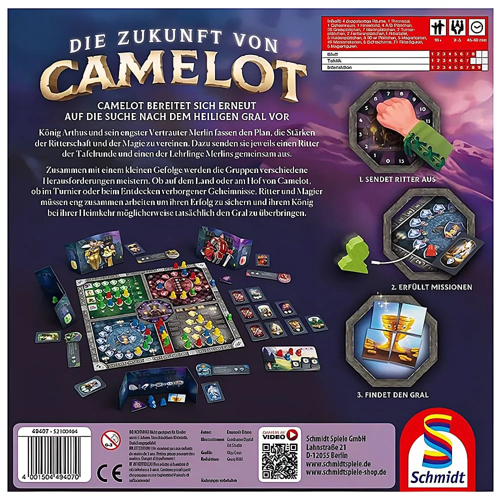 Rückseite der Brettspielverpackung 'Die Zukunft von Camelot' mit Spielmaterial und Beschreibungen.